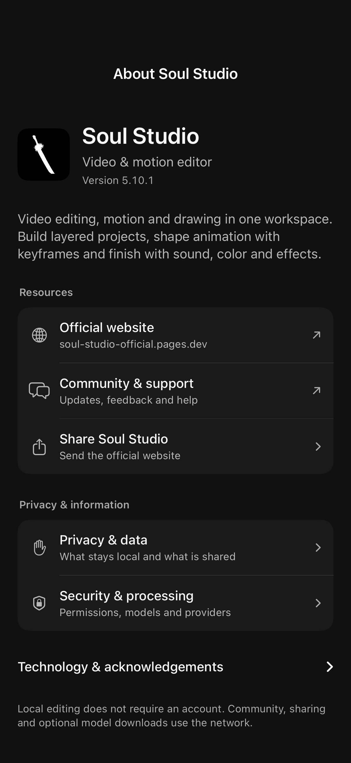 Soul Studio About page with website, support and privacy information