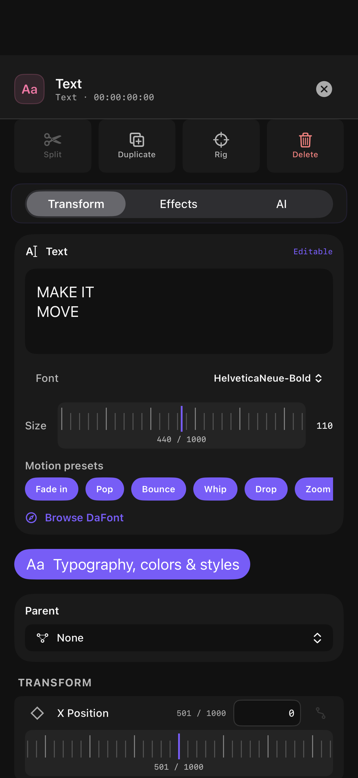 Clip inspector with Transform, Effects and AI tools