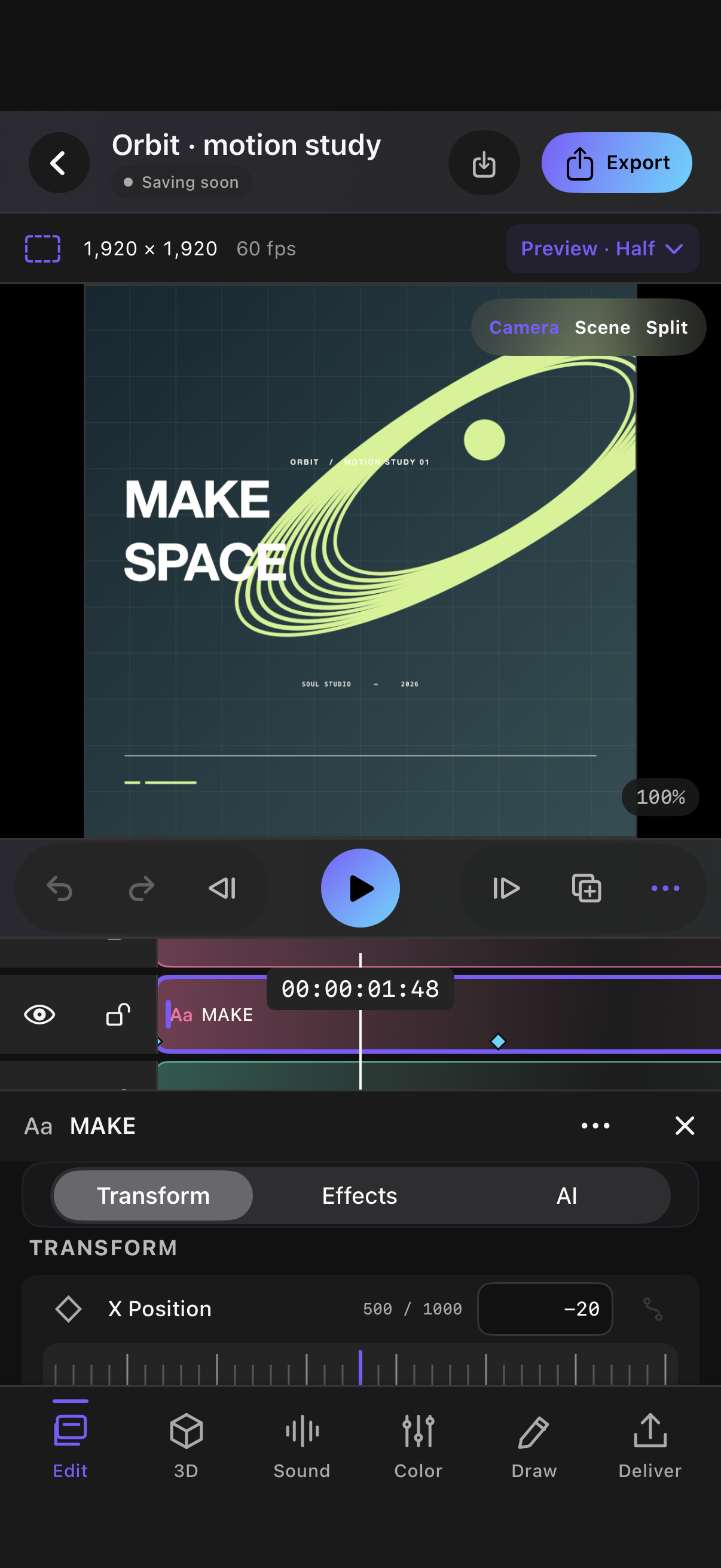 Soul Studio editing an original Orbit motion study with its compact clip controls