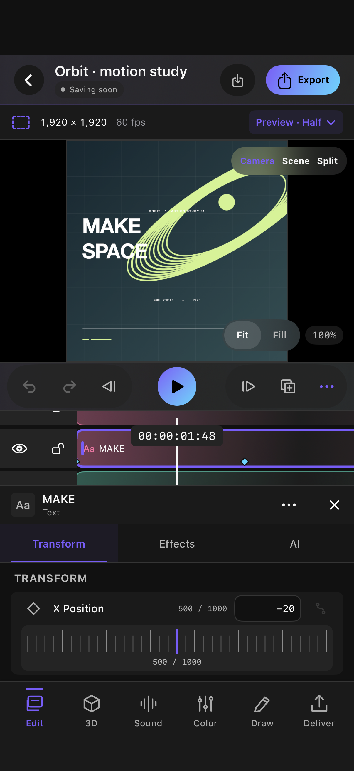 Soul Studio editing the original Orbit motion study with native clip controls