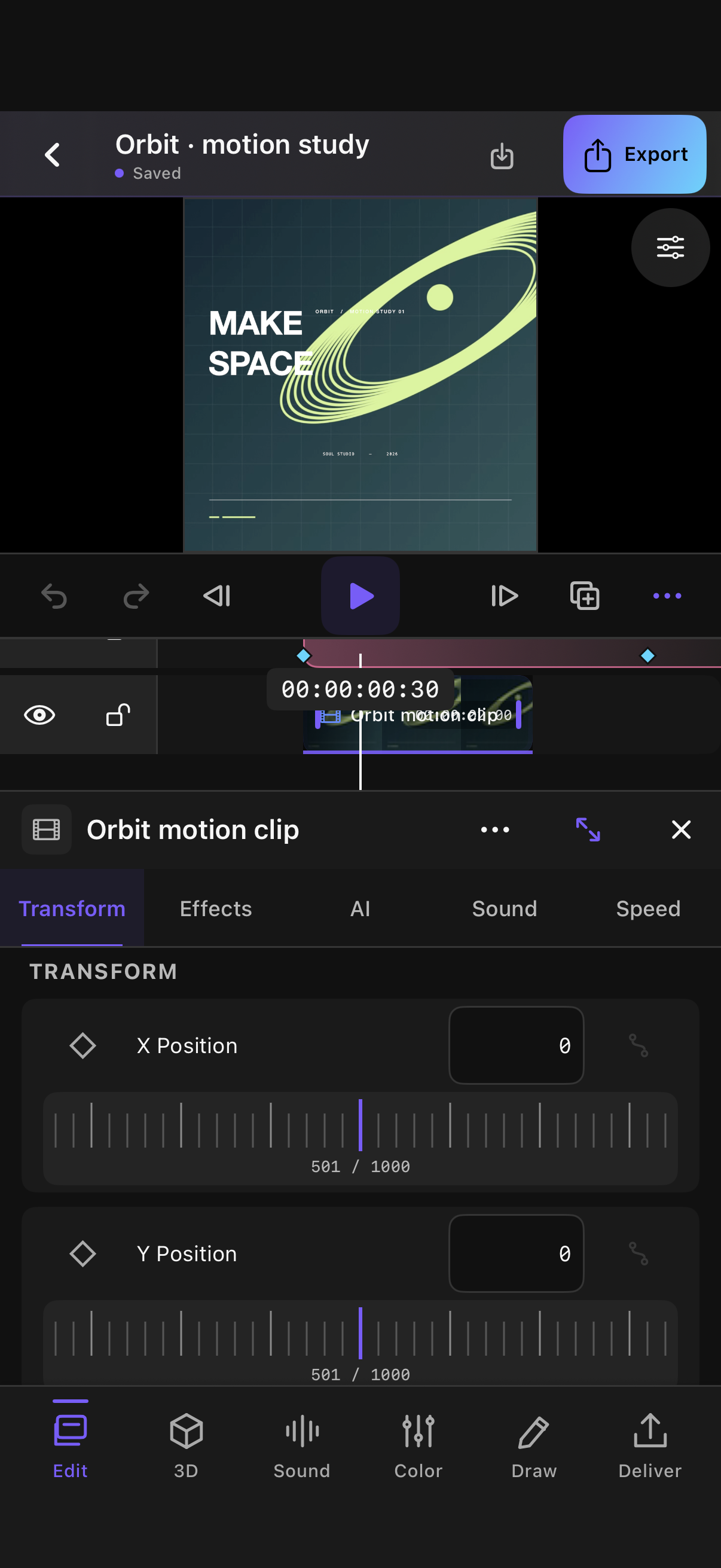 Soul Studio editing the original Orbit motion study with native clip controls