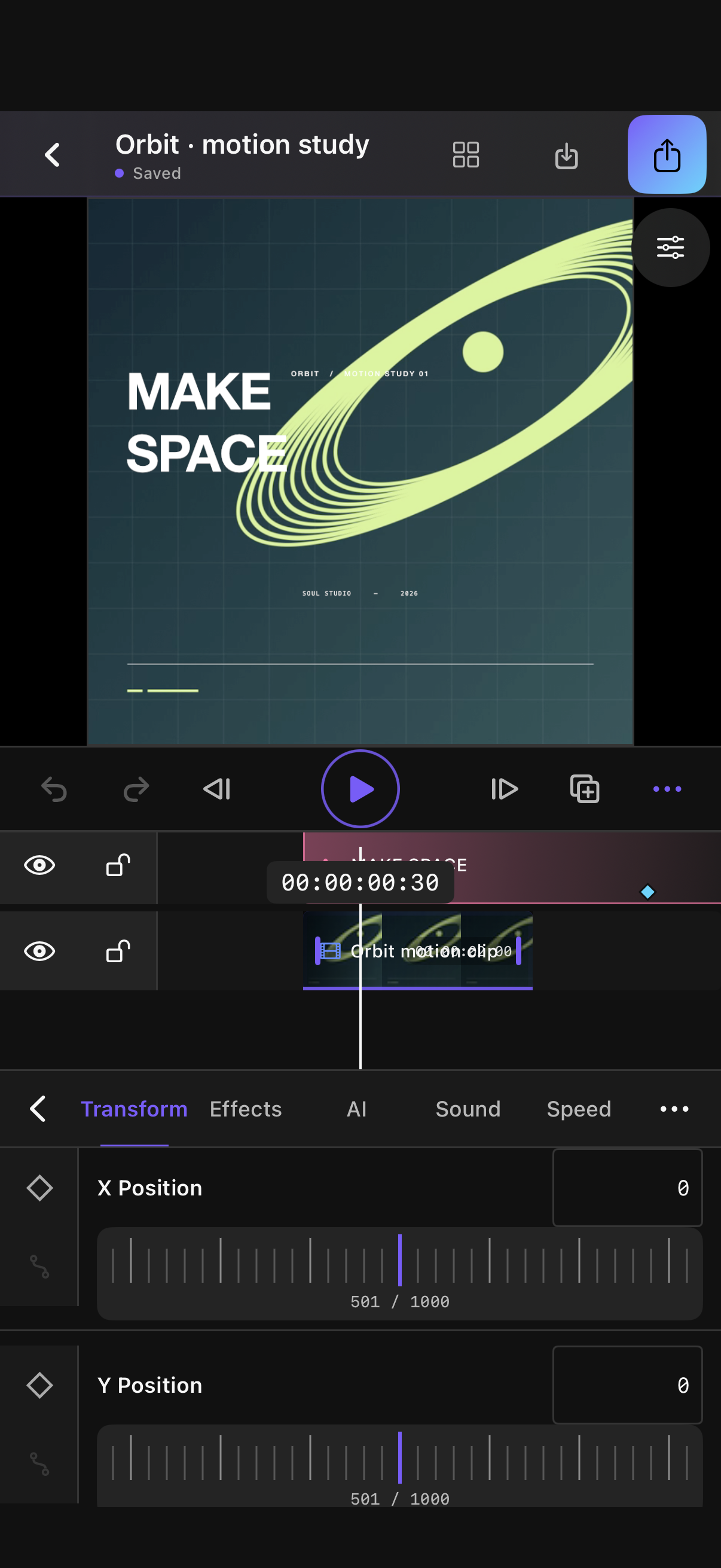 Soul Studio editing the original Orbit motion study with native clip controls