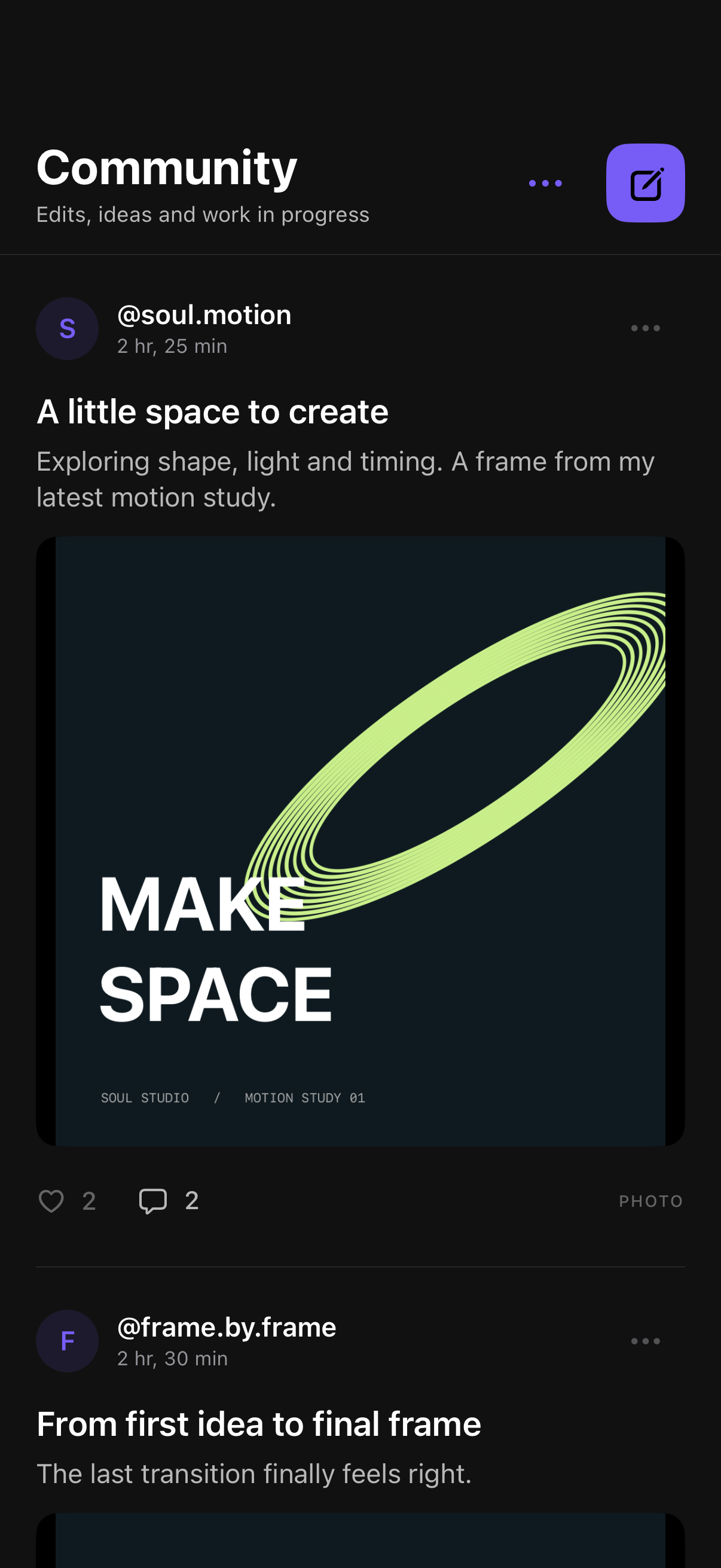 Soul Studio Community feed with an original motion-study image and fictional example posts