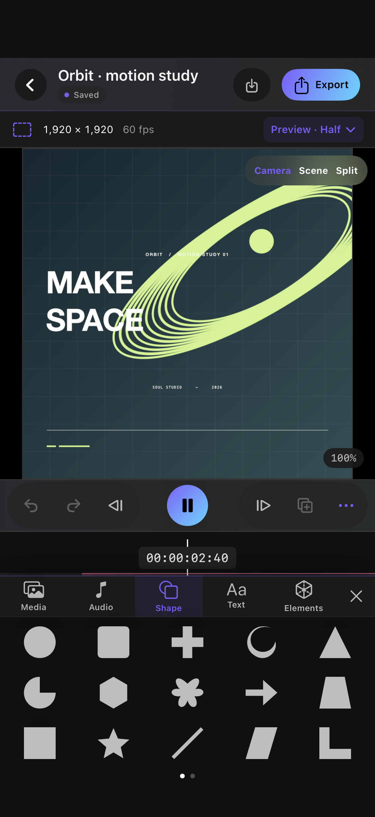 Soul Studio editor with its compact Shapes panel