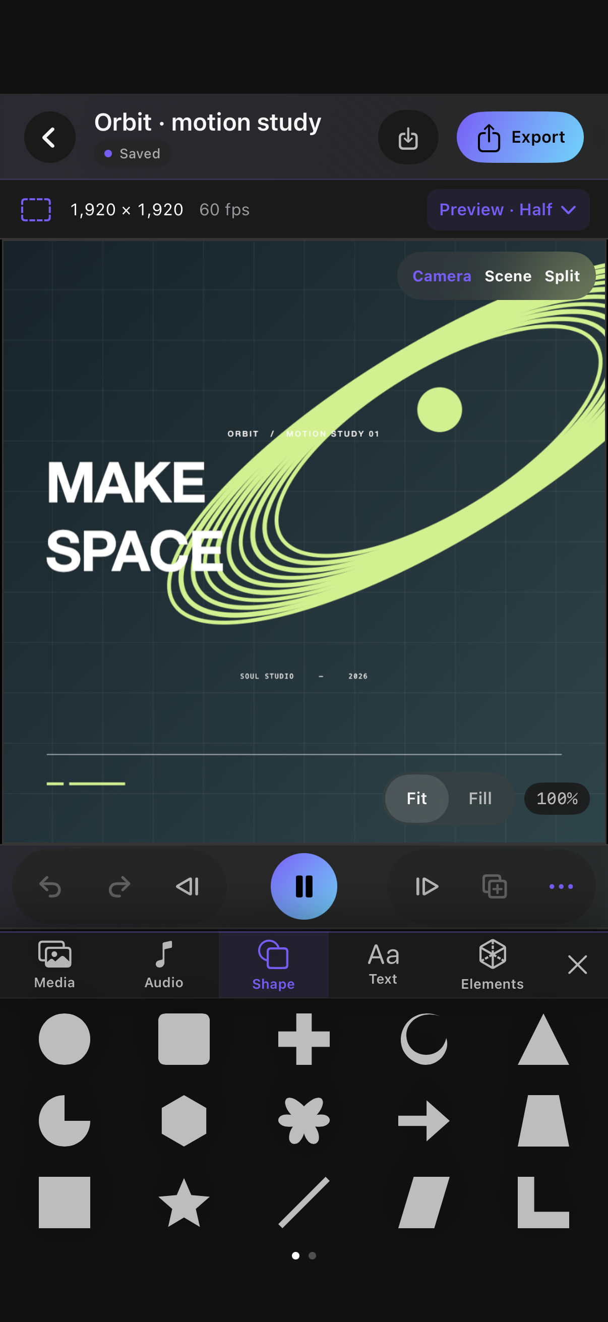 Soul Studio editor with its compact Shapes panel