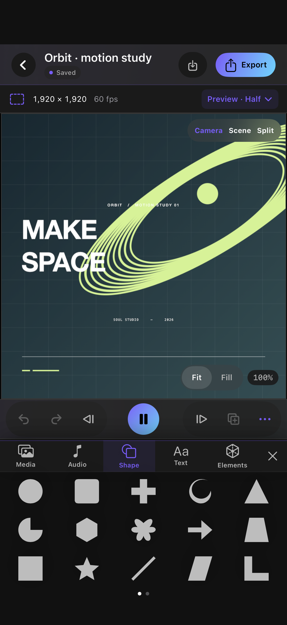 Soul Studio editor with its compact Shapes panel
