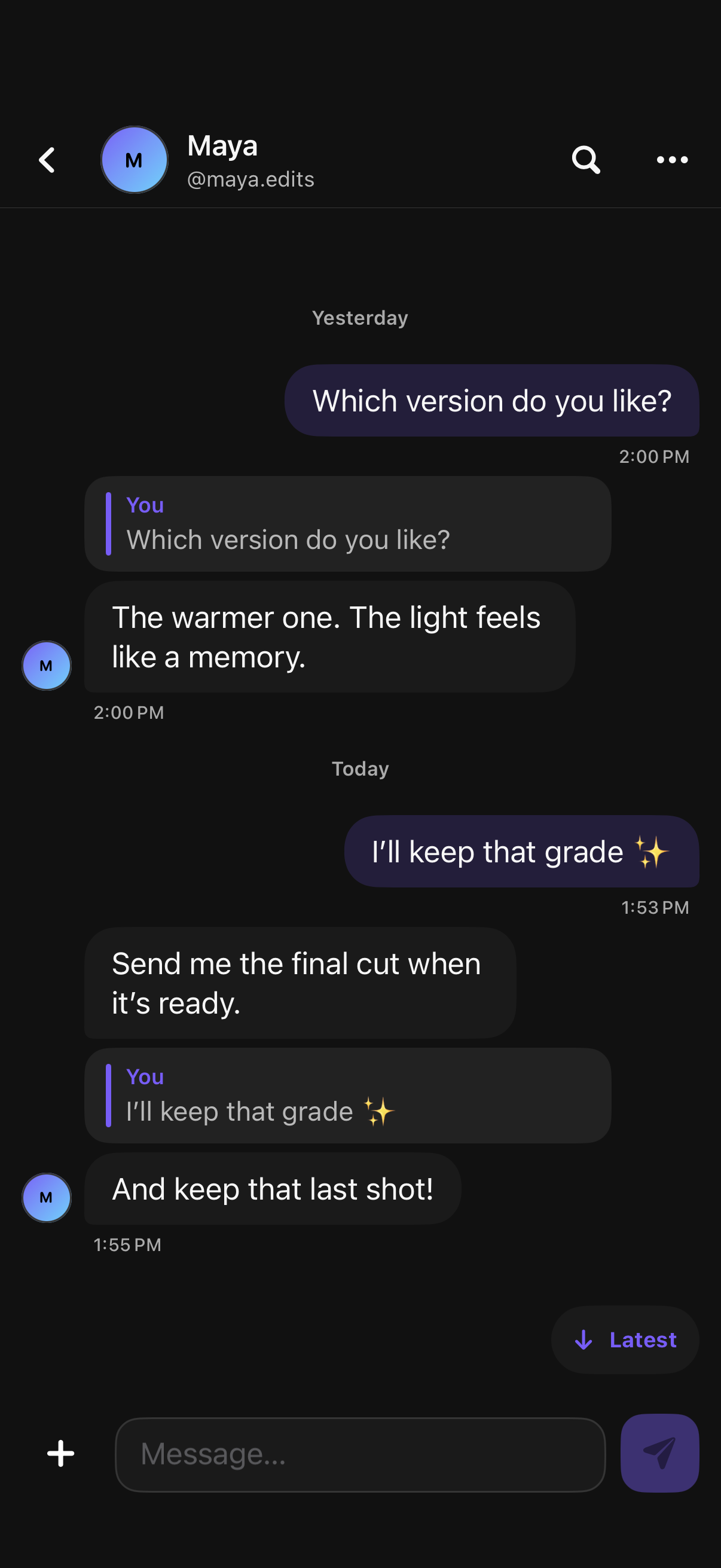 Soul Studio direct-message conversation with example messages