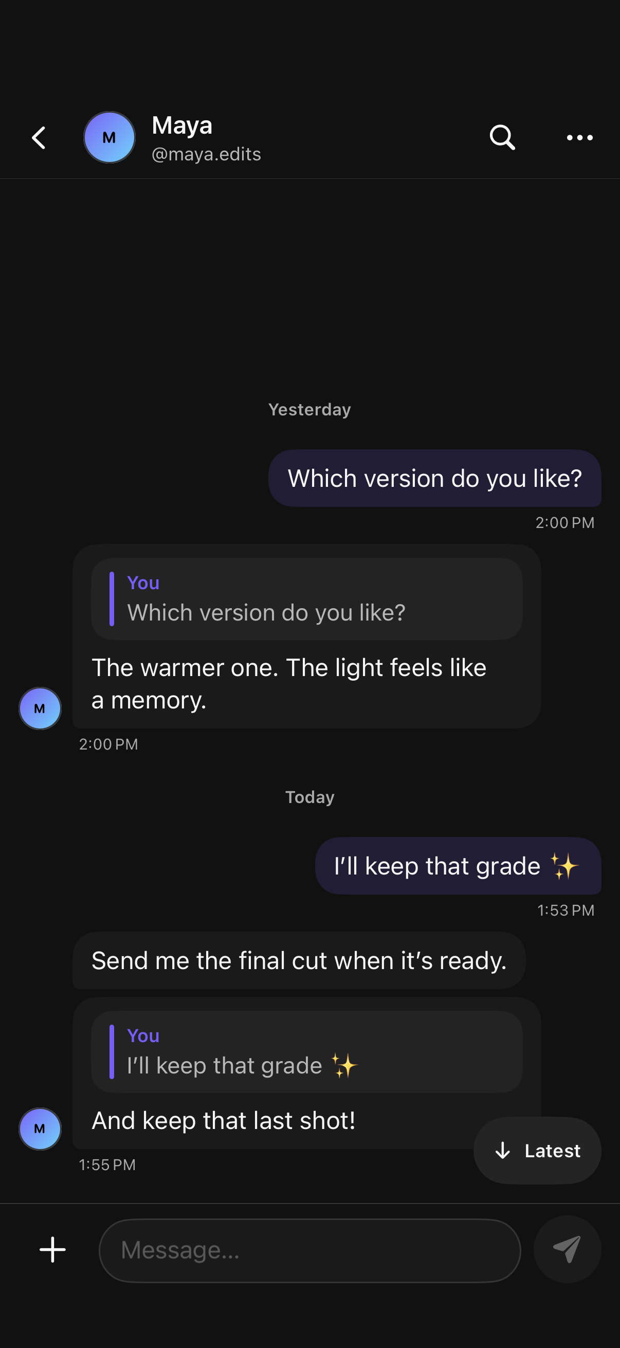 Soul Studio direct-message conversation with example messages