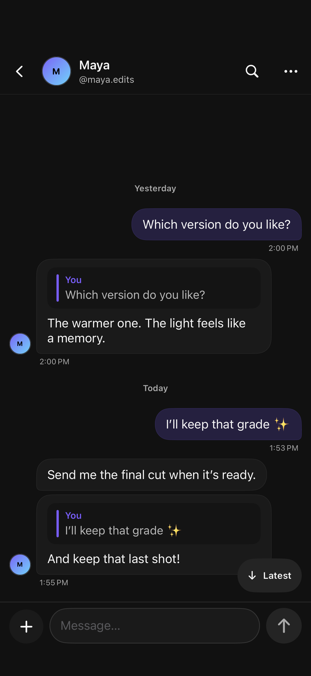 Soul Studio direct-message conversation with example messages