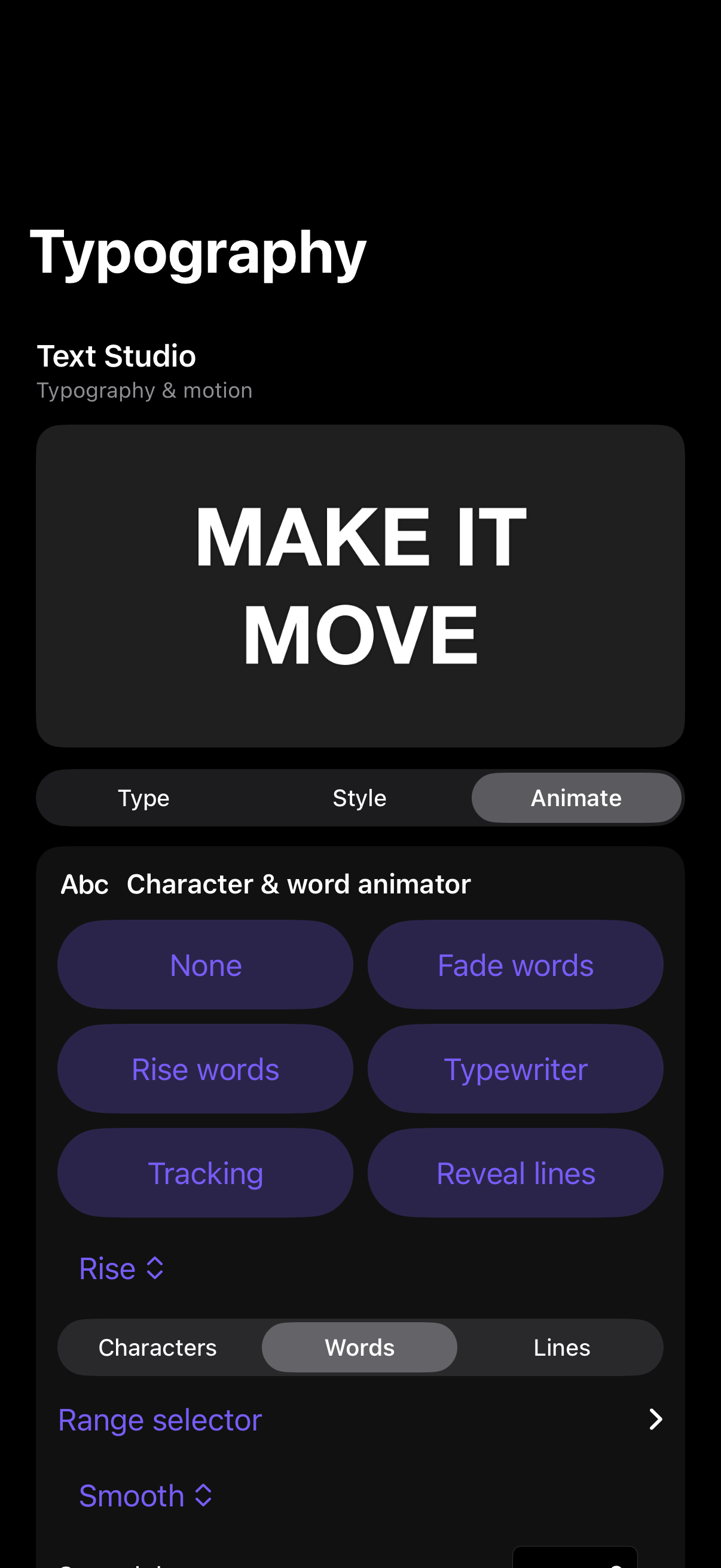 Soul Studio typography animation controls